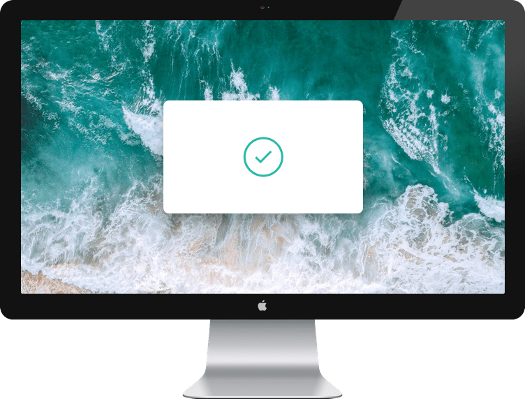 Computer with a background and a green check mark in the middle of a white background